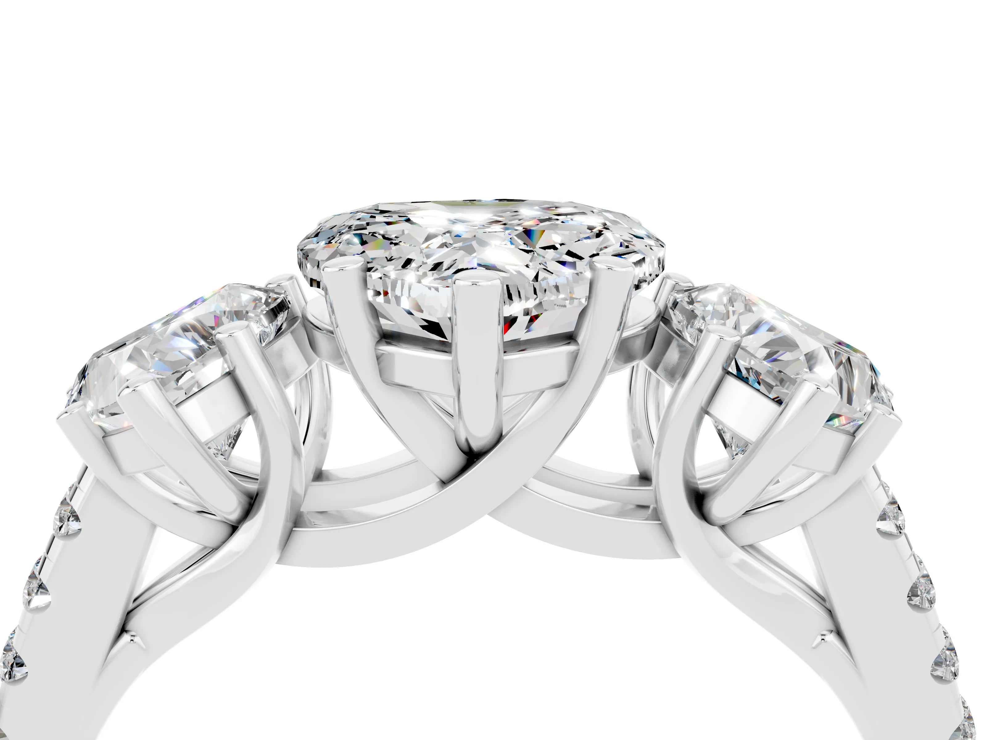 White gold Three-Stone Heart Cut Moissanite Ring with Pavé Band and Prong Setting_16