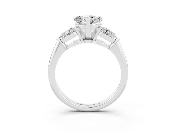Silver Three-Stone Heart Cut Moissanite Ring with Pear Side Stones and Four-Prong Setting