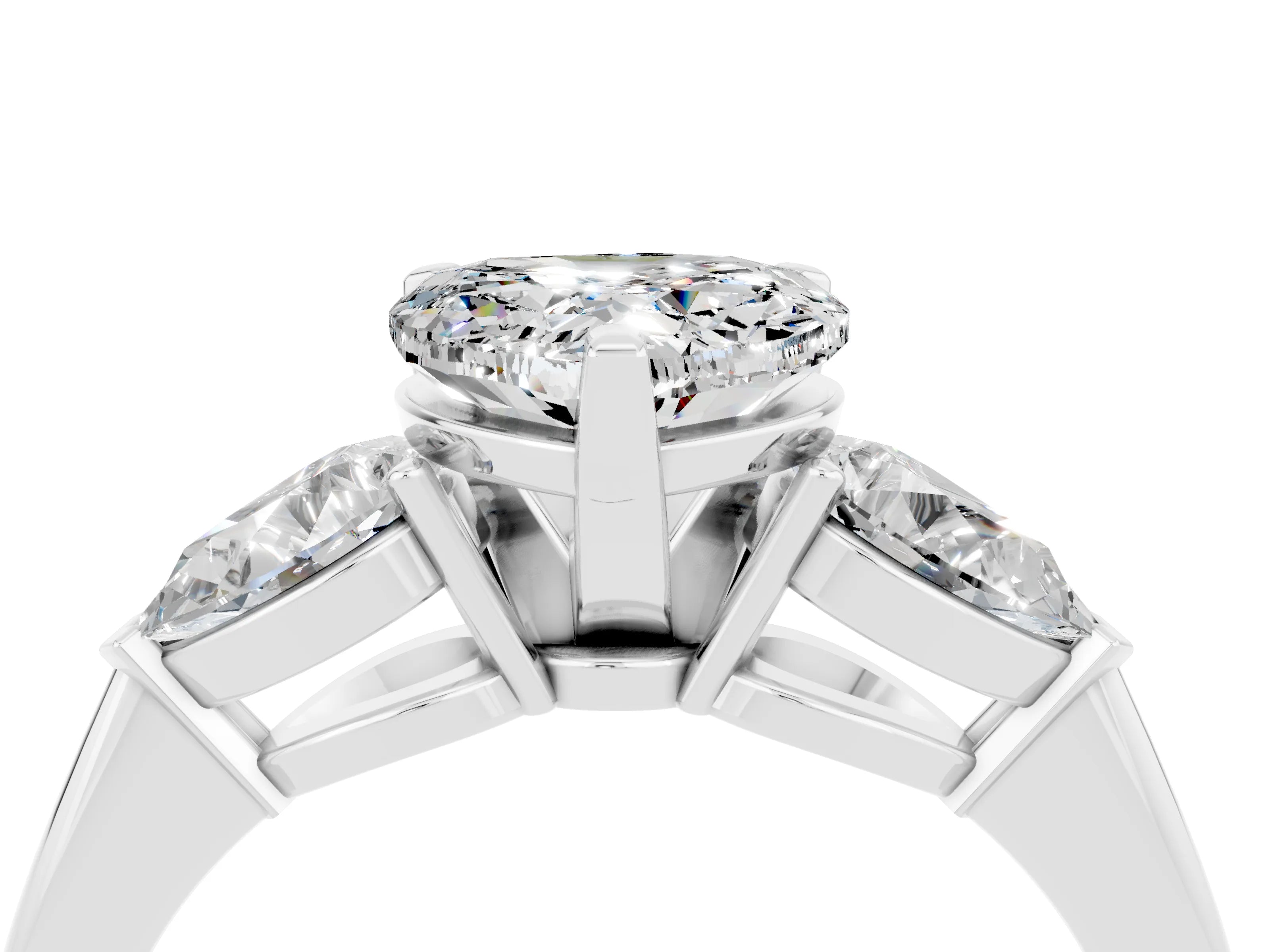 White gold Three-Stone Heart Cut Moissanite Ring with Pear Side Stones and Four-Prong Setting_4