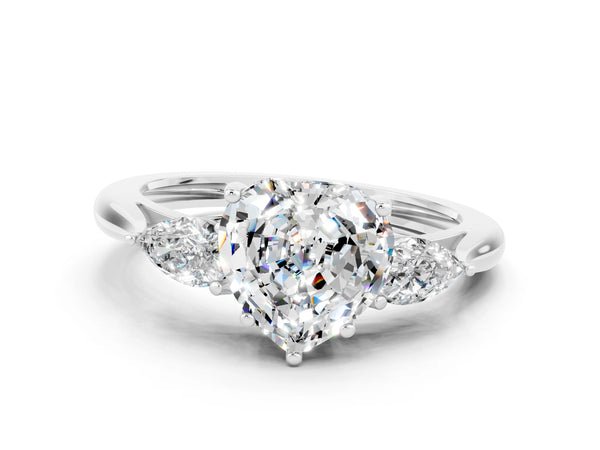 Platinum Three-Stone Heart Cut Moissanite Ring with Pear  Side Stones in Four-Prong Setting