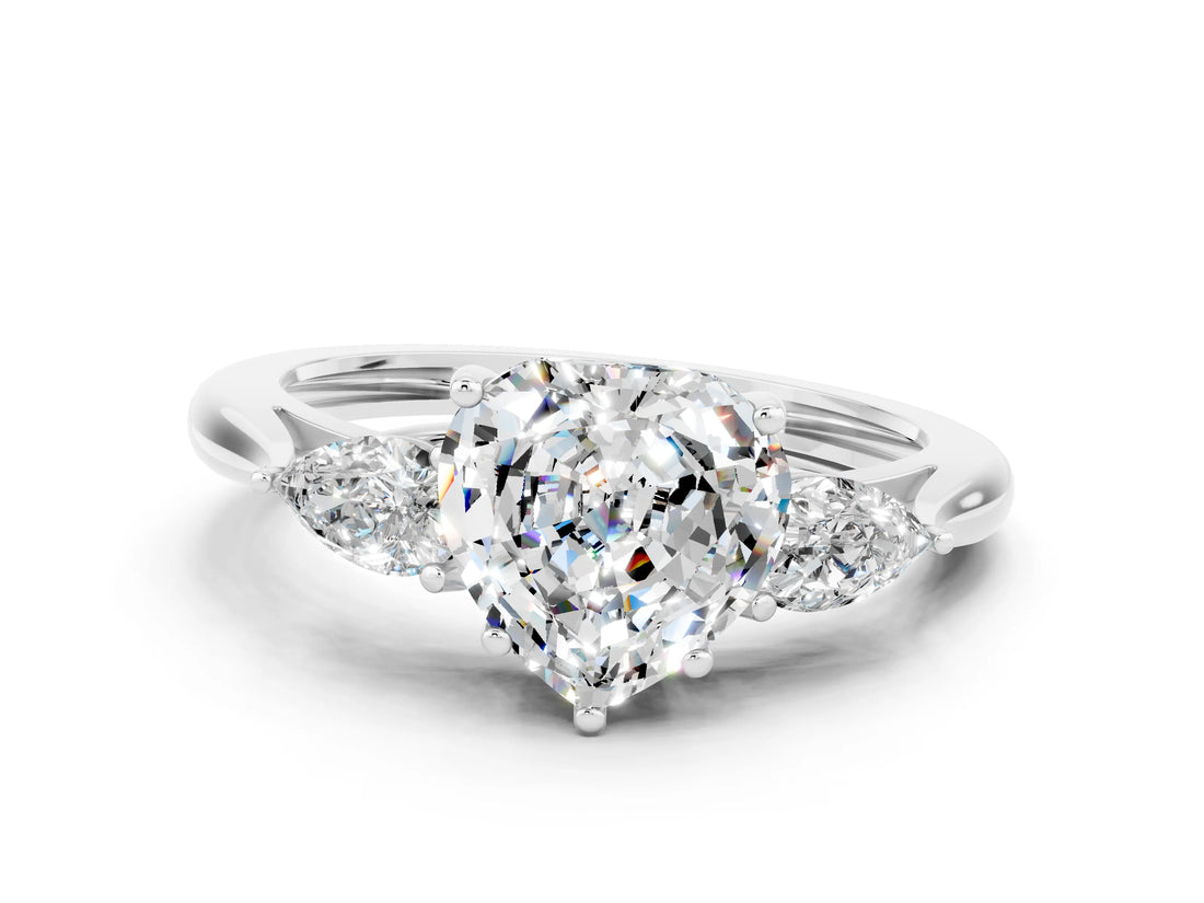 White gold Three-Stone Heart Cut Moissanite Ring with Pear  Side Stones in Four-Prong Setting_12