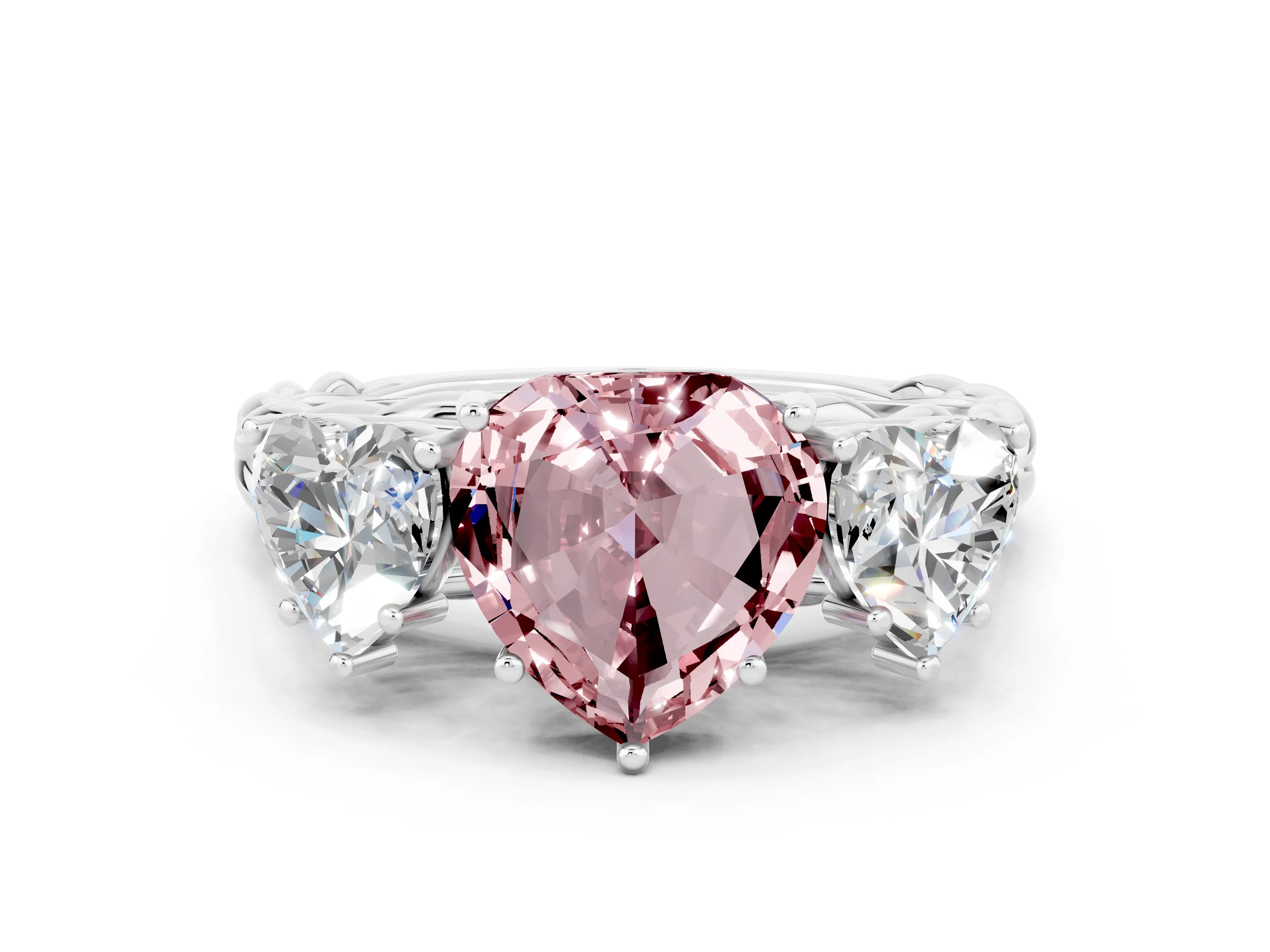 White gold Three-Stone Heart Cut Morganite Braided Band Ring with Four-Prong Setting_12