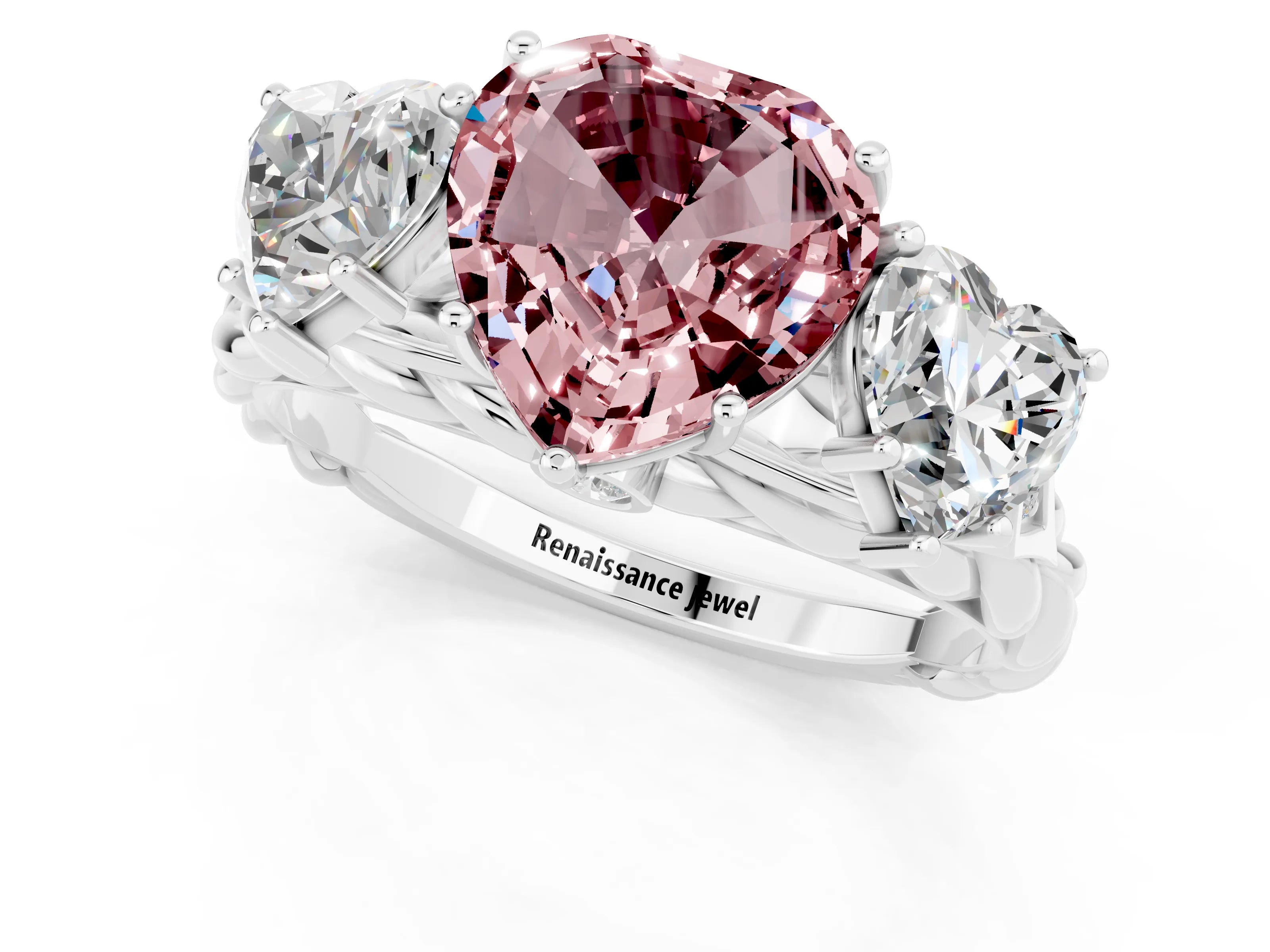 White gold Three-Stone Heart Cut Morganite Braided Band Ring with Four-Prong Setting_13