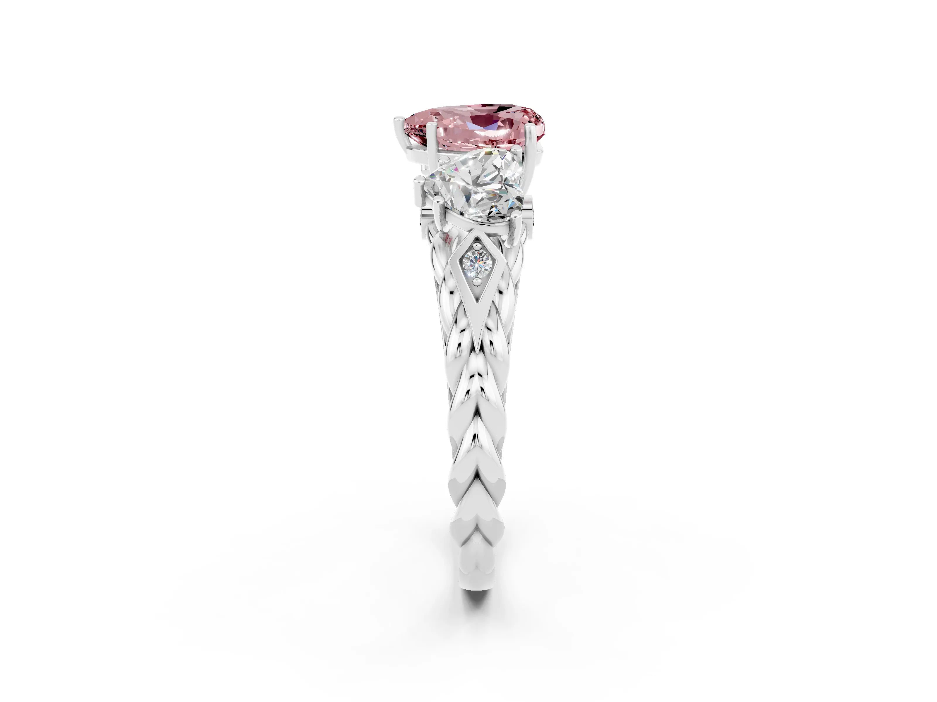 White gold Three-Stone Heart Cut Morganite Braided Band Ring with Four-Prong Setting_14