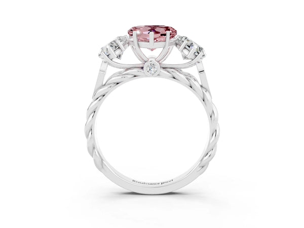 Silver Three-Stone Heart Cut Morganite Braided Band Ring with Four-Prong Setting