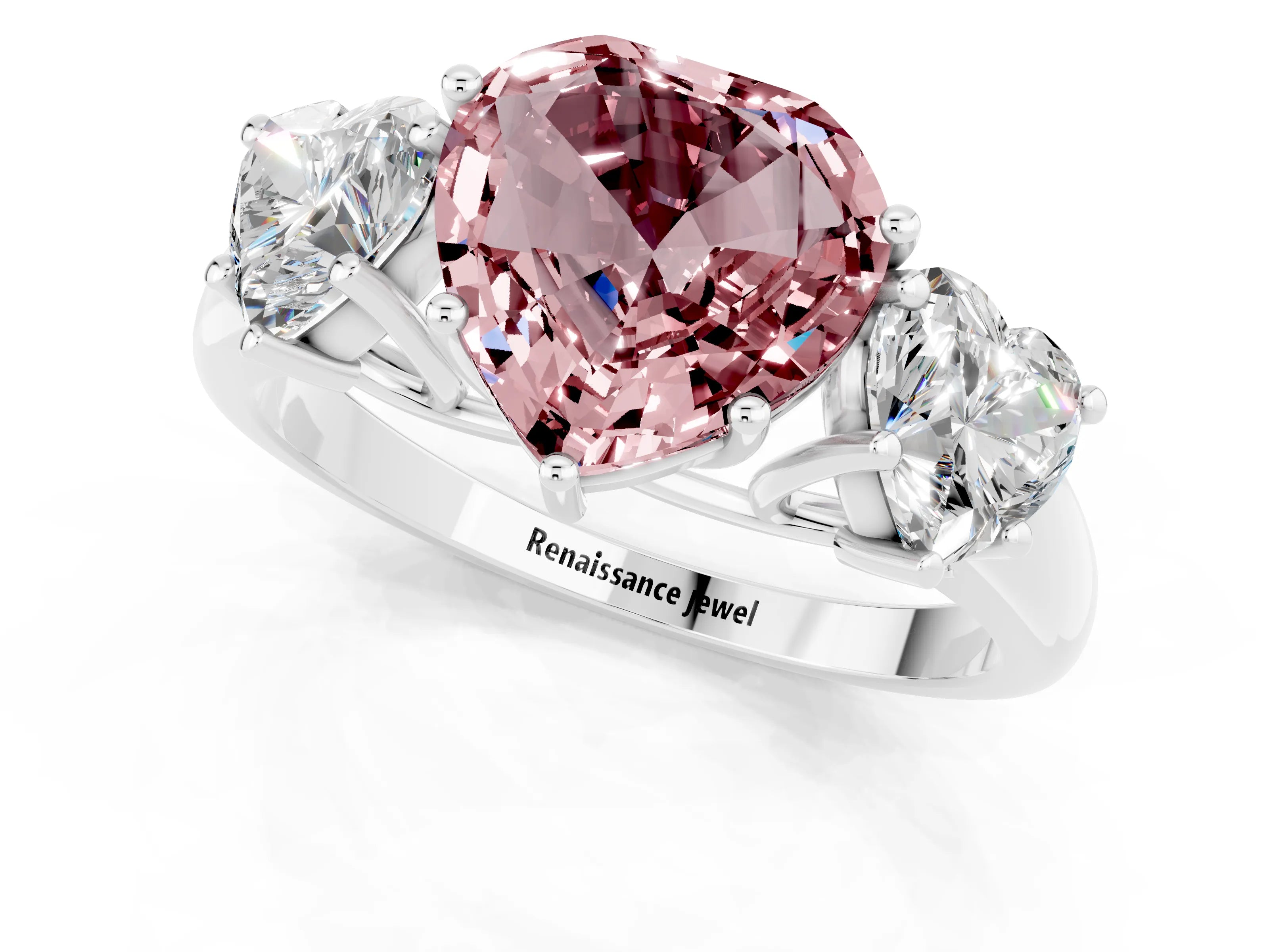 White gold Three-Stone Heart Cut Morganite Engagement Ring with Prong Setting_1