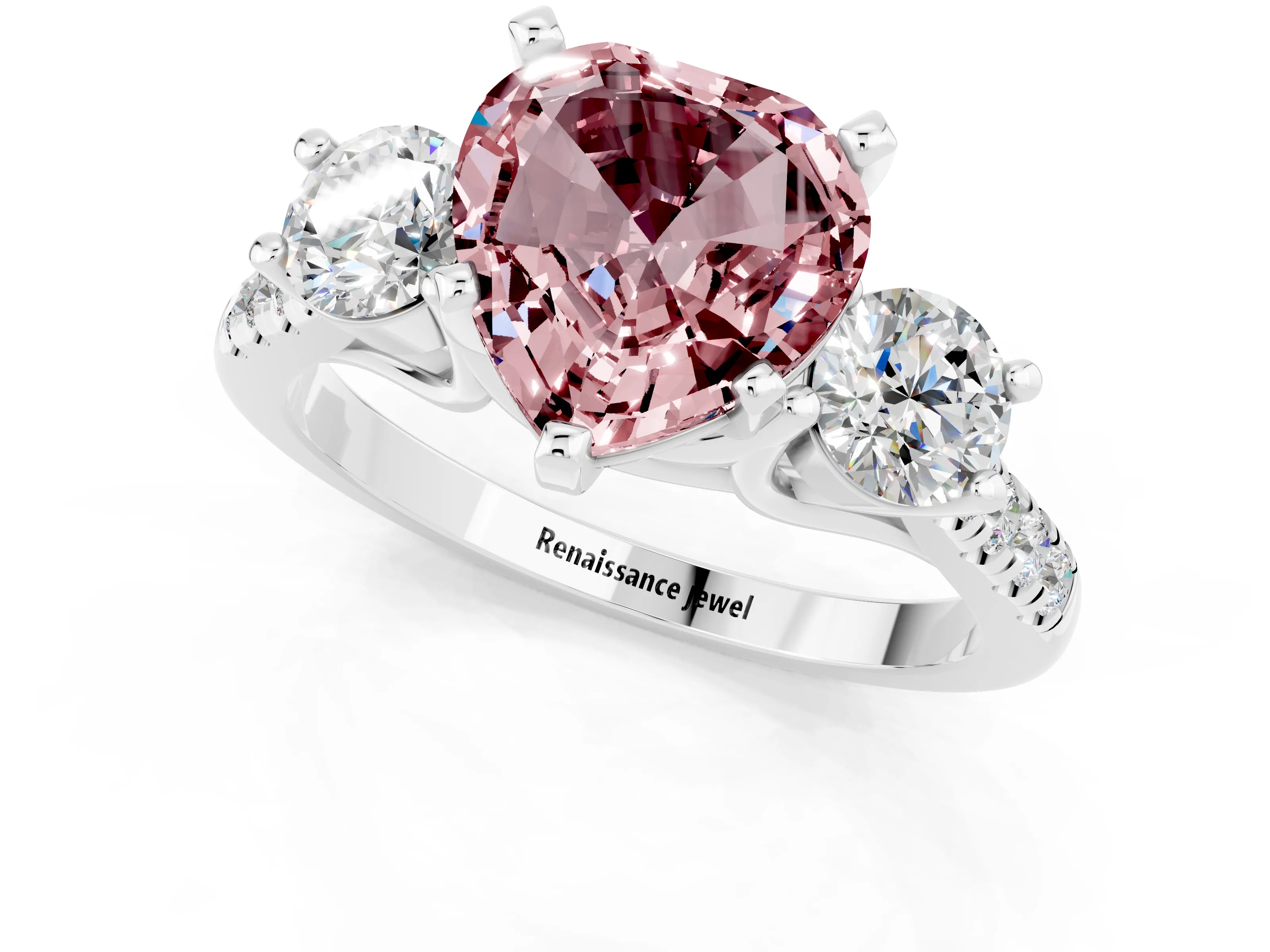 White gold Three-Stone Heart Cut Morganite Pavé Band with Four-Prong Setting_1