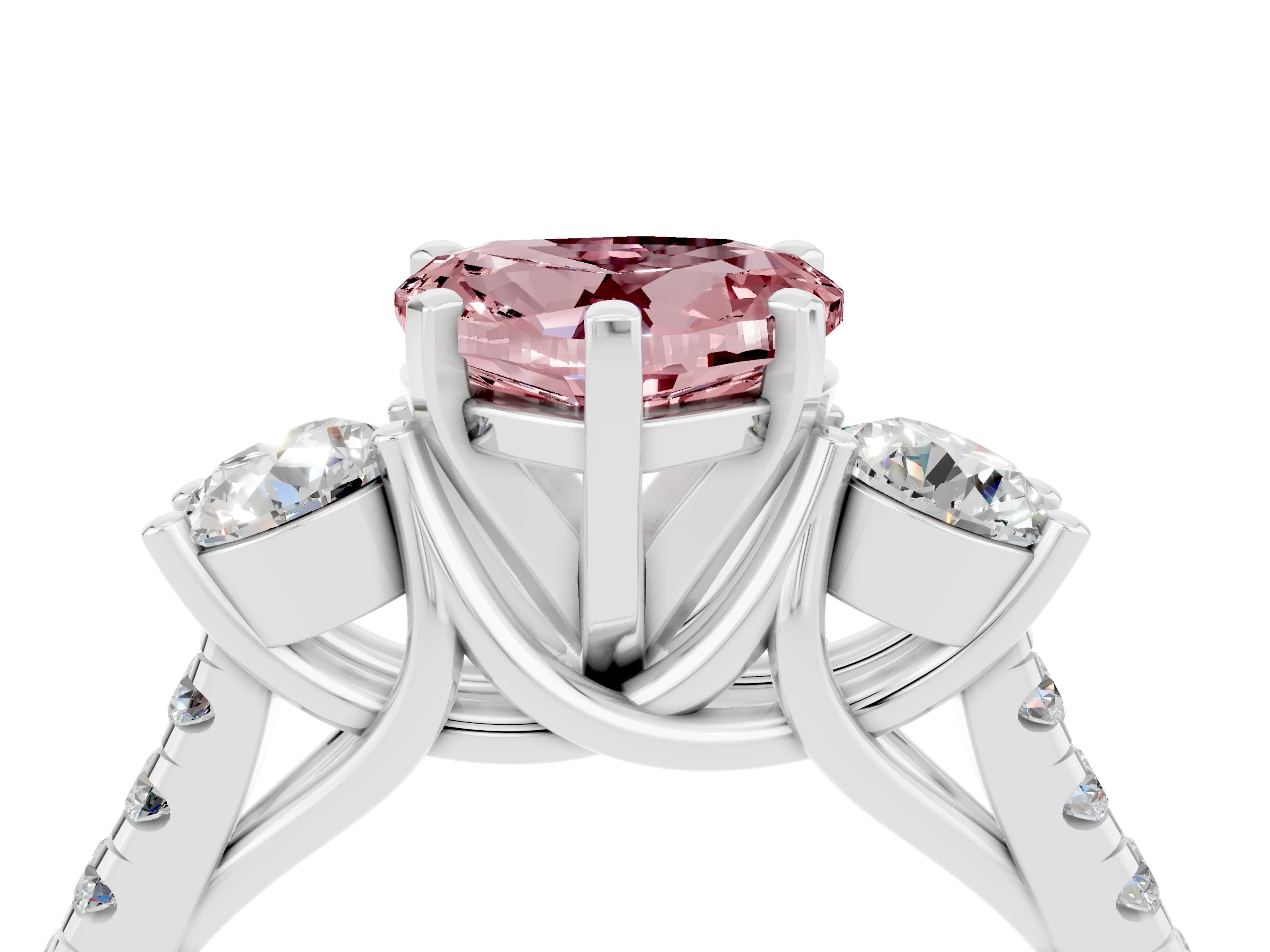 White gold Three-Stone Heart Cut Morganite Pavé Band with Four-Prong Setting_4