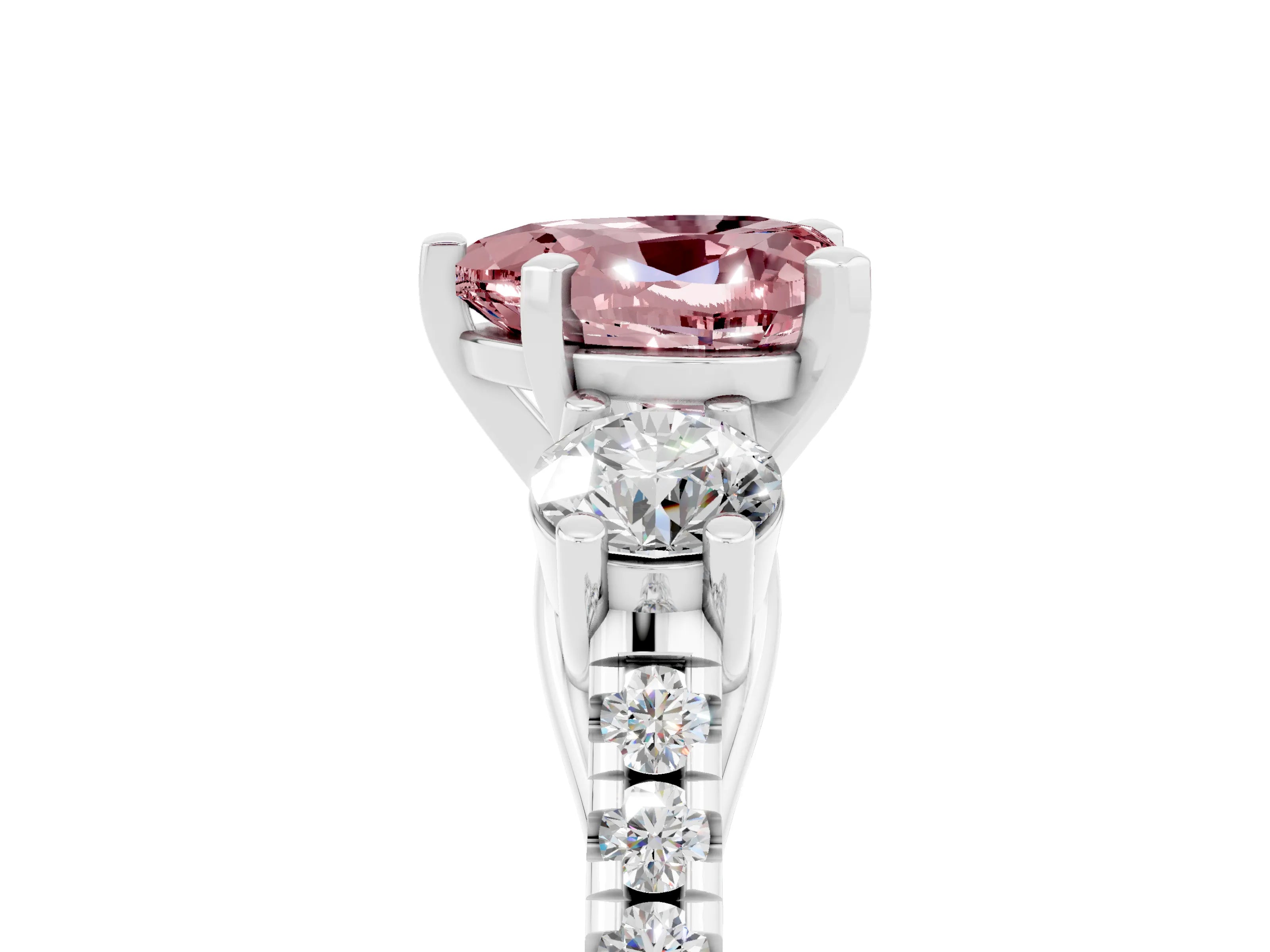 White gold Three-Stone Heart Cut Morganite Pavé Band with Four-Prong Setting_5