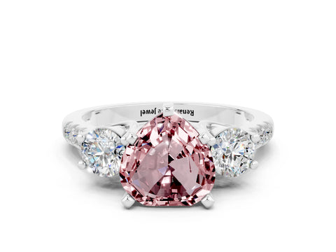 White gold Three-Stone Heart Cut Morganite Pavé Band with Four-Prong Setting