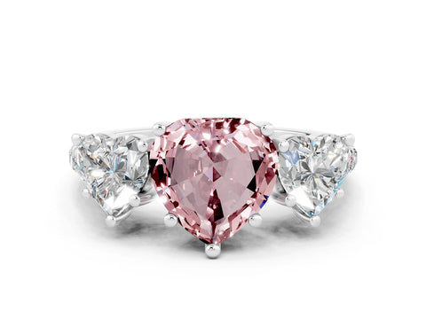 White gold Three-Stone Heart Cut Morganite Ring with Pavé Band and Prong Setting_12