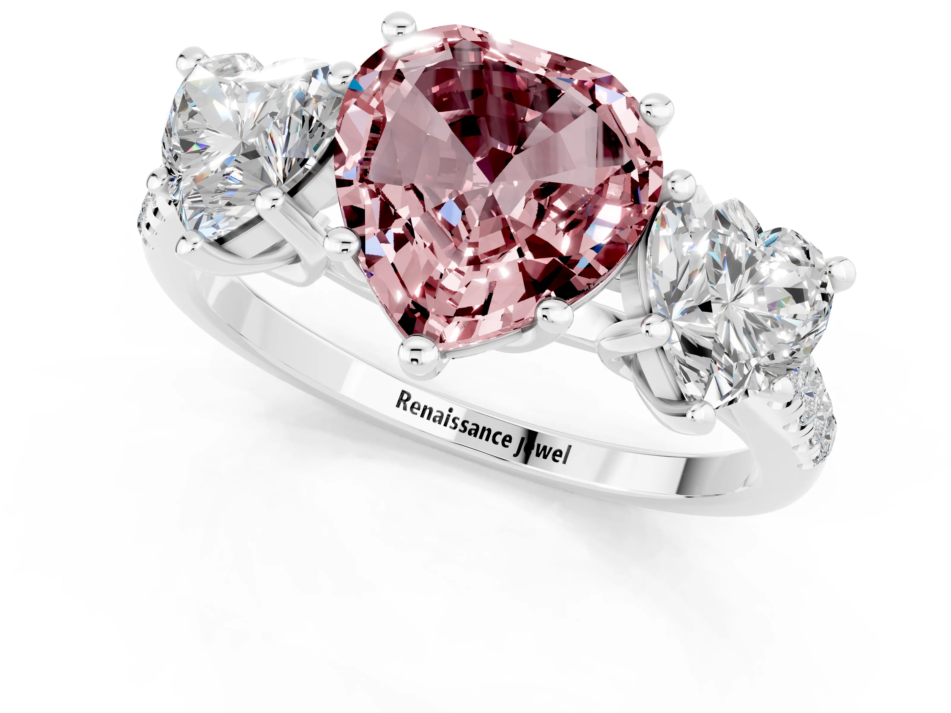 White gold Three-Stone Heart Cut Morganite Ring with Pavé Band and Prong Setting_13