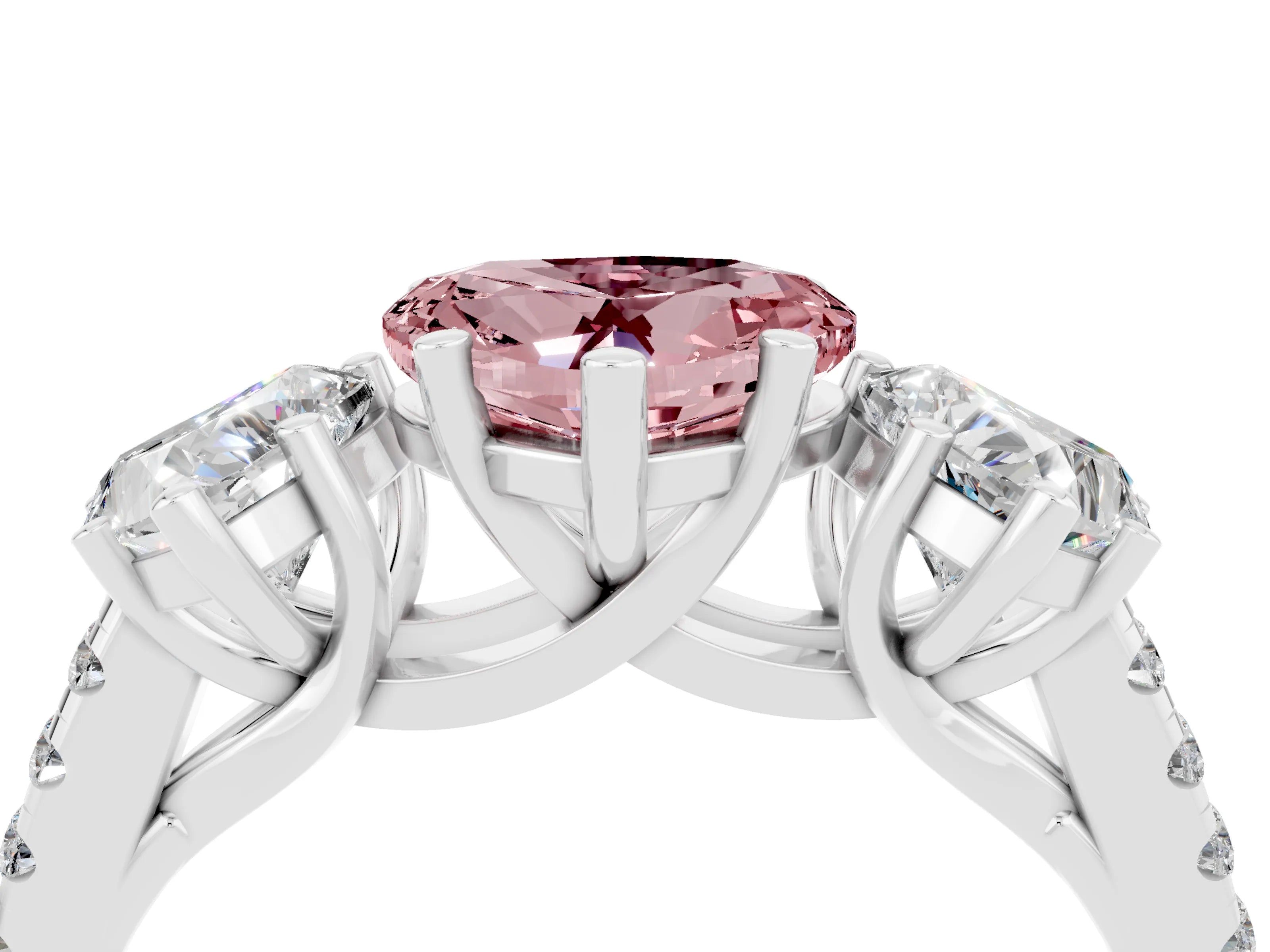 White gold Three-Stone Heart Cut Morganite Ring with Pavé Band and Prong Setting_16
