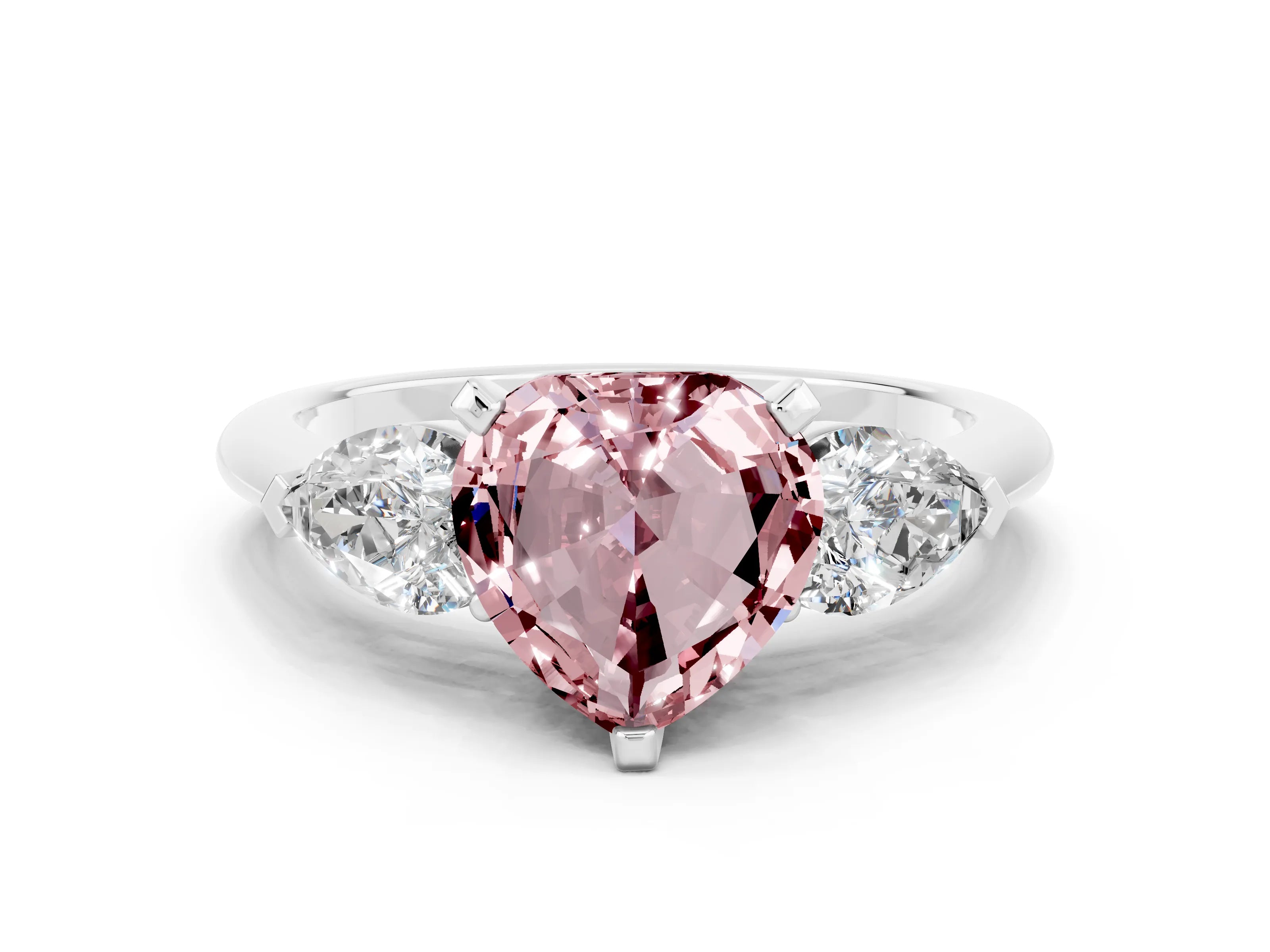 White gold Three-Stone Heart Cut Morganite Ring with Pear Side Stones and Four-Prong Setting
