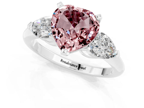 White gold Three-Stone Heart Cut Morganite Ring with Pear Side Stones and Four-Prong Setting_1