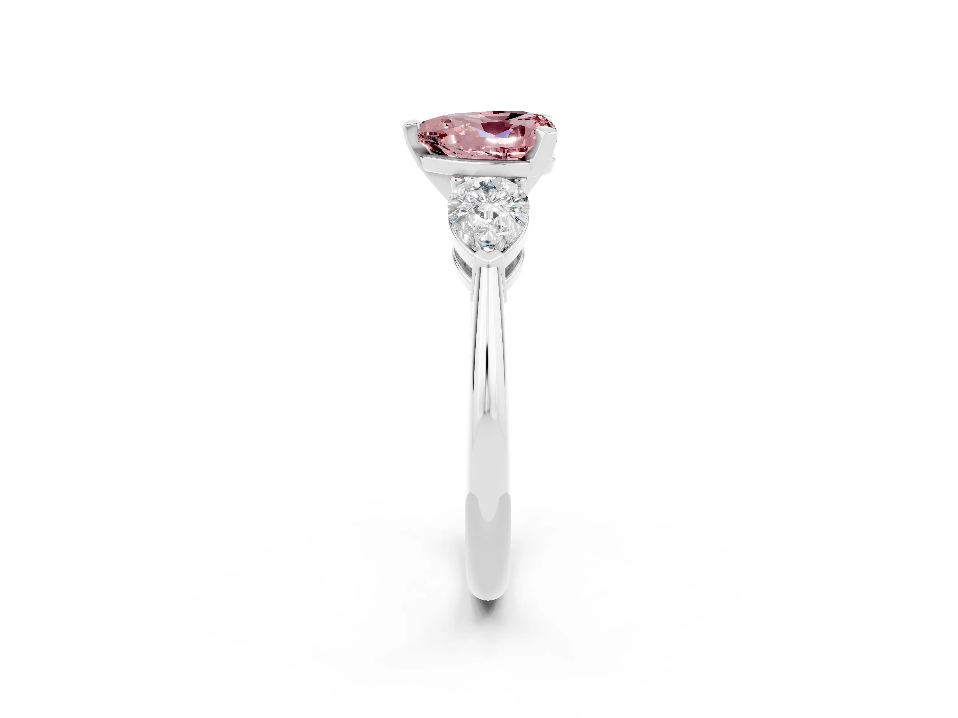 White gold Three-Stone Heart Cut Morganite Ring with Pear Side Stones and Four-Prong Setting_2