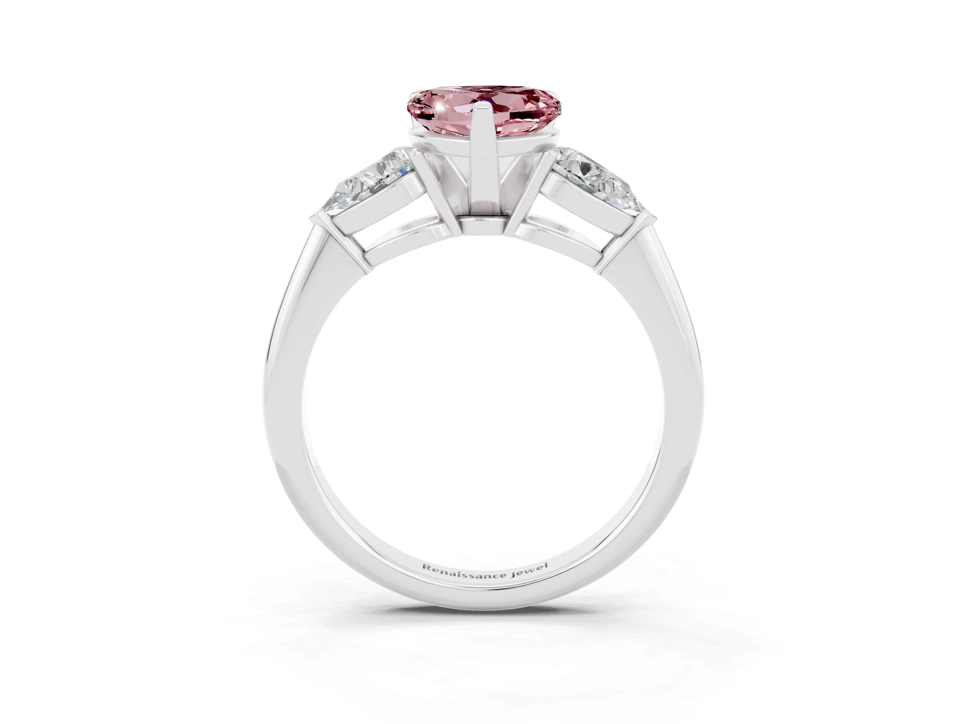 White gold Three-Stone Heart Cut Morganite Ring with Pear Side Stones and Four-Prong Setting_3