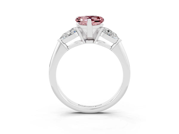 White gold Three-Stone Heart Cut Morganite Ring with Pear Side Stones and Four-Prong Setting