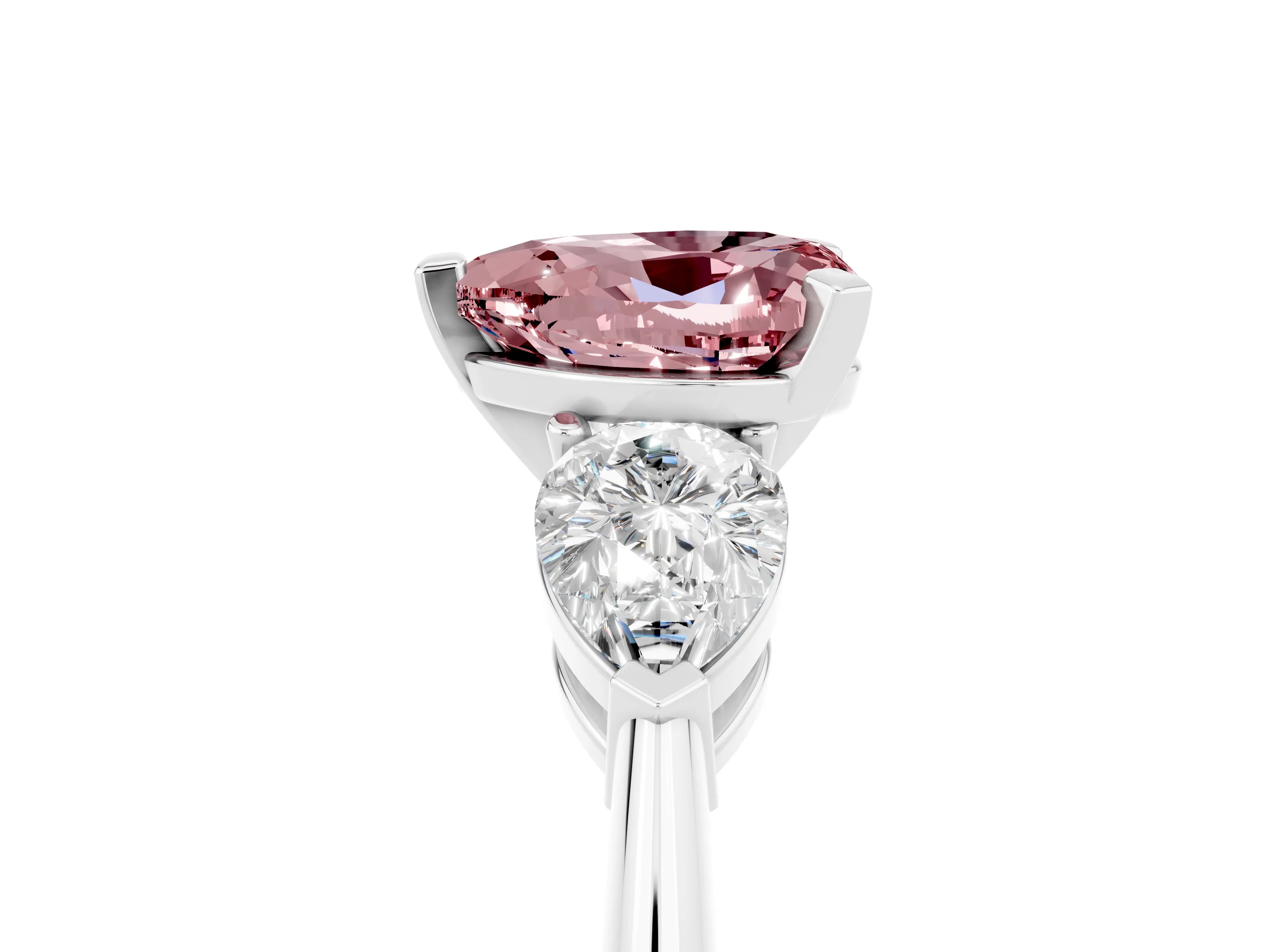 White gold Three-Stone Heart Cut Morganite Ring with Pear Side Stones and Four-Prong Setting_5