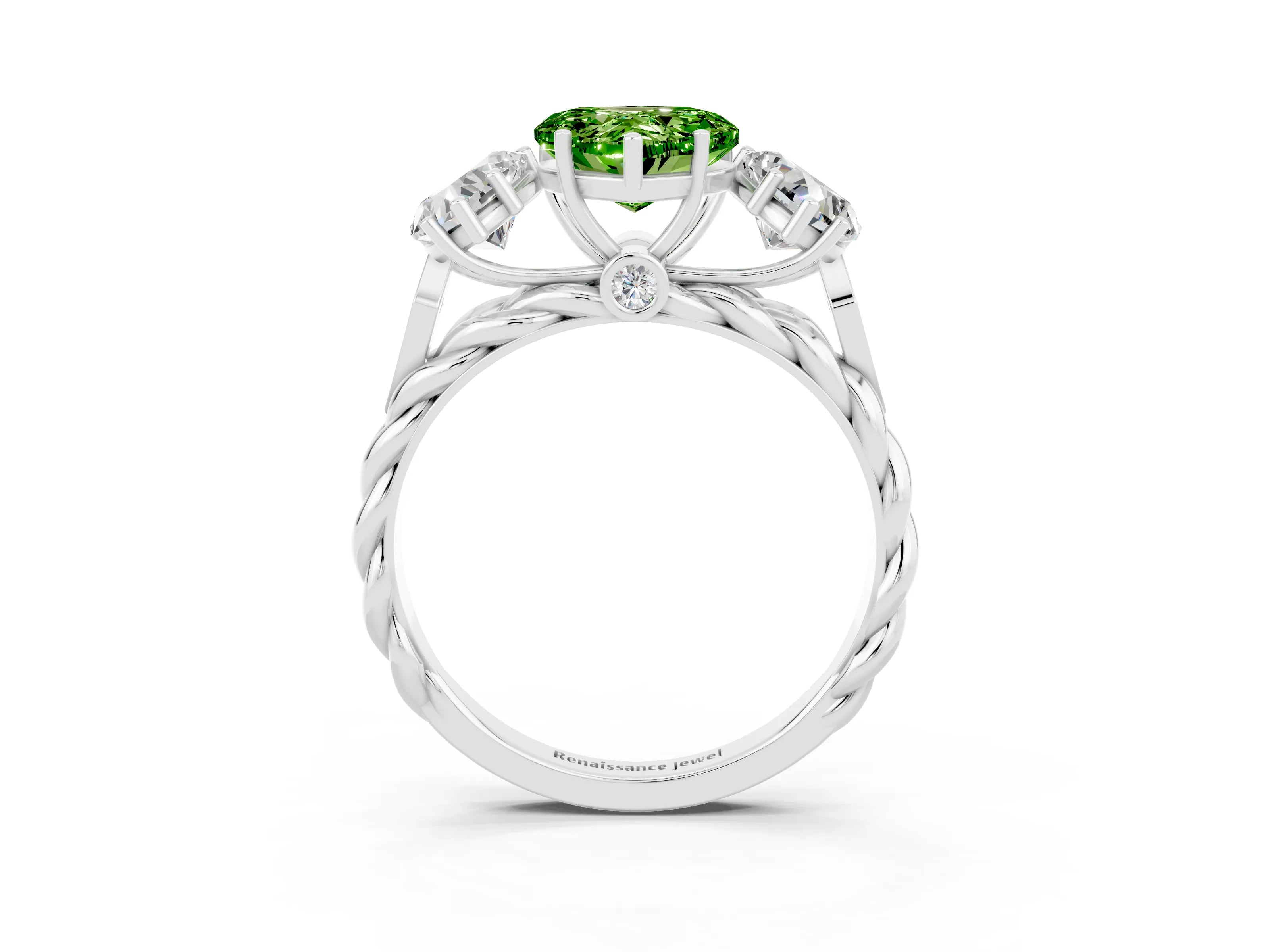 White gold Three-Stone Heart Cut Peridot Braided Band Ring with Four-Prong Setting_51