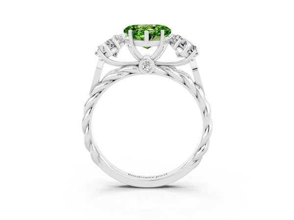Platinum Three-Stone Heart Cut Peridot Braided Band Ring with Four-Prong Setting