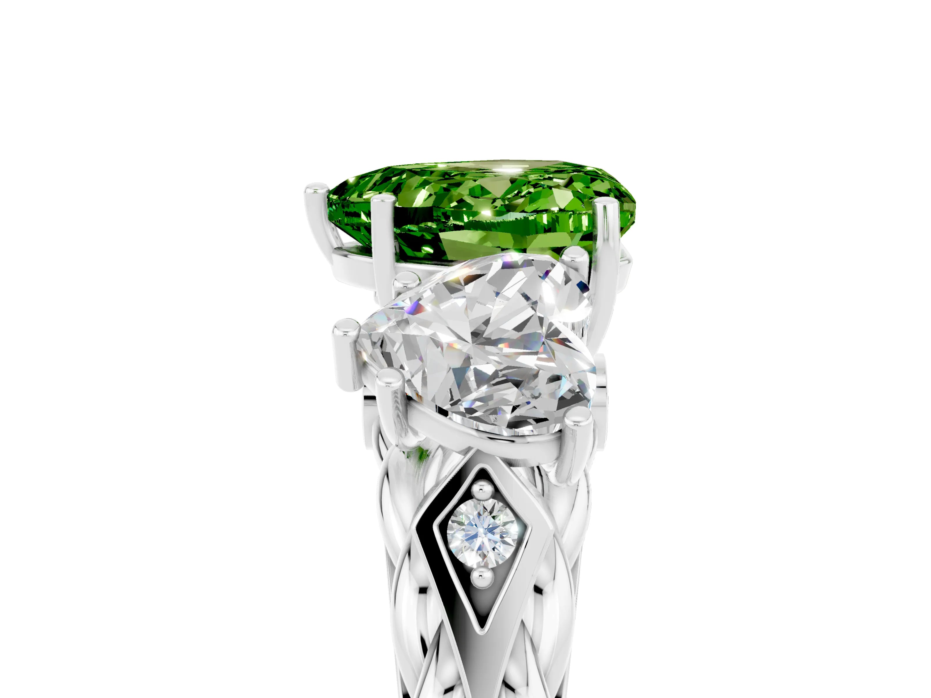 White gold Three-Stone Heart Cut Peridot Braided Band Ring with Four-Prong Setting_53