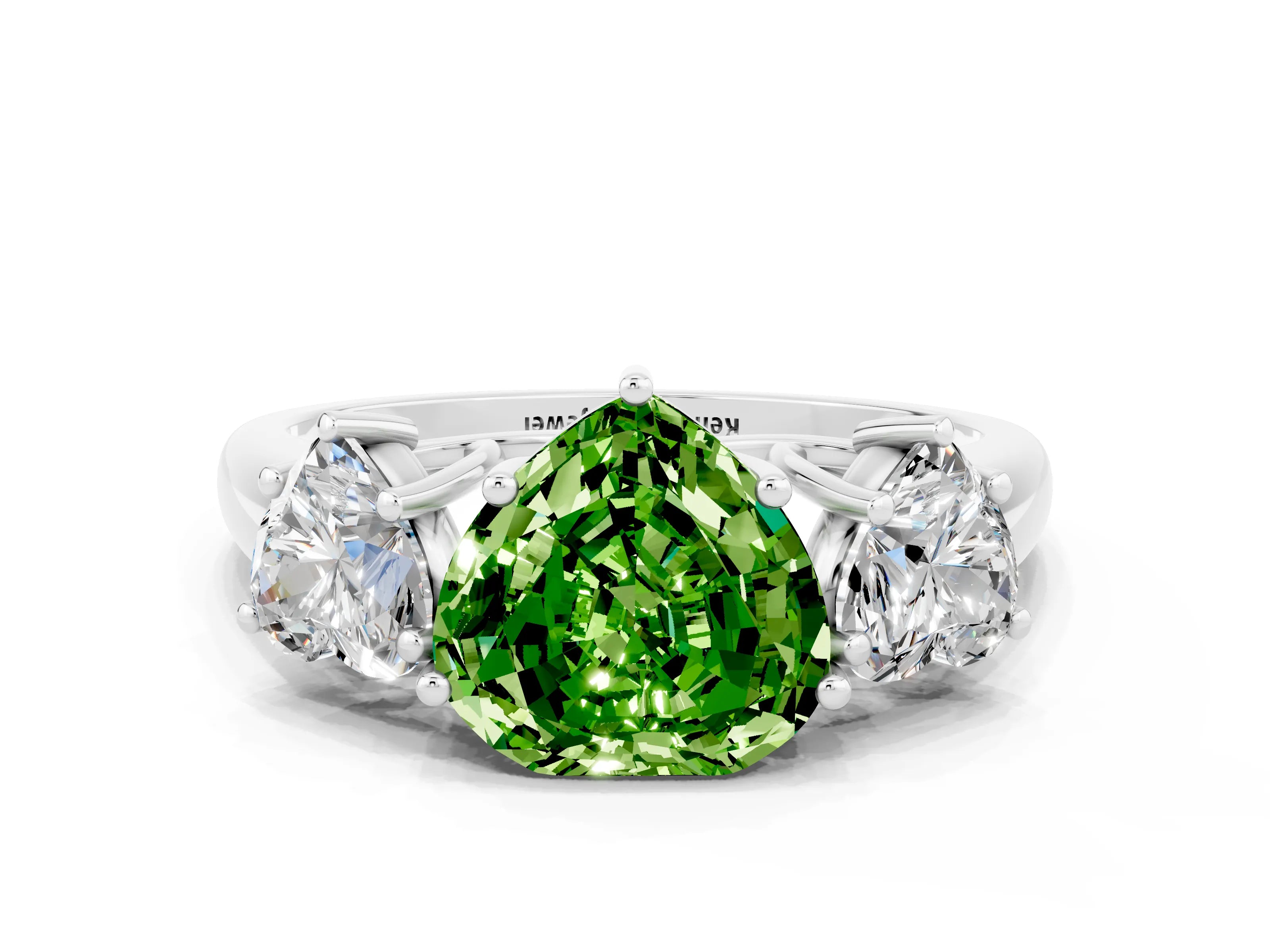 White gold Three-Stone Heart Cut Peridot Engagement Ring with Prong Setting