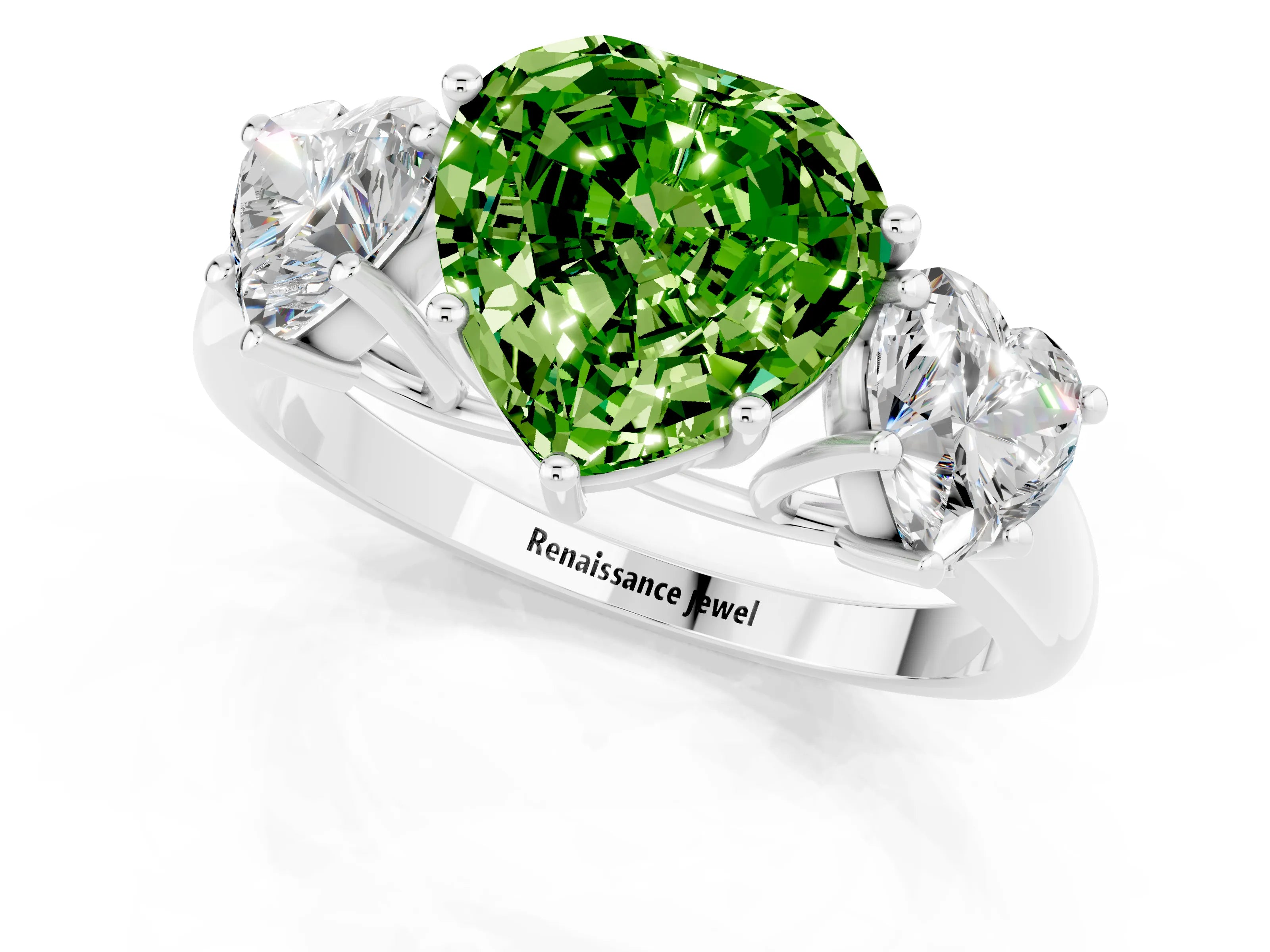 White gold Three-Stone Heart Cut Peridot Engagement Ring with Prong Setting_1