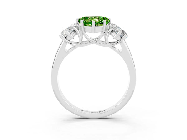 Silver Three-Stone Heart Cut Peridot Engagement Ring with Prong Setting
