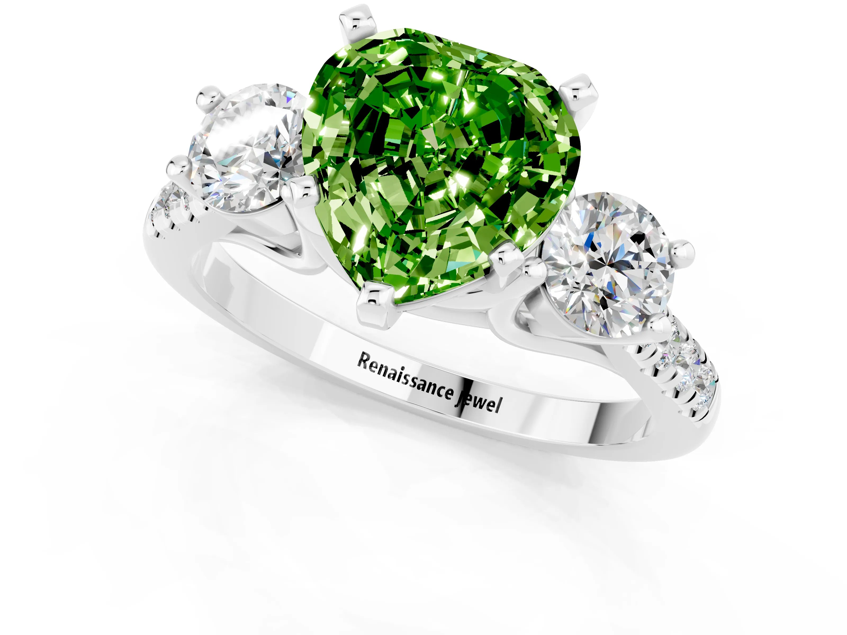 White gold Three-Stone Heart Cut Peridot Pavé Band with Four-Prong Setting_1