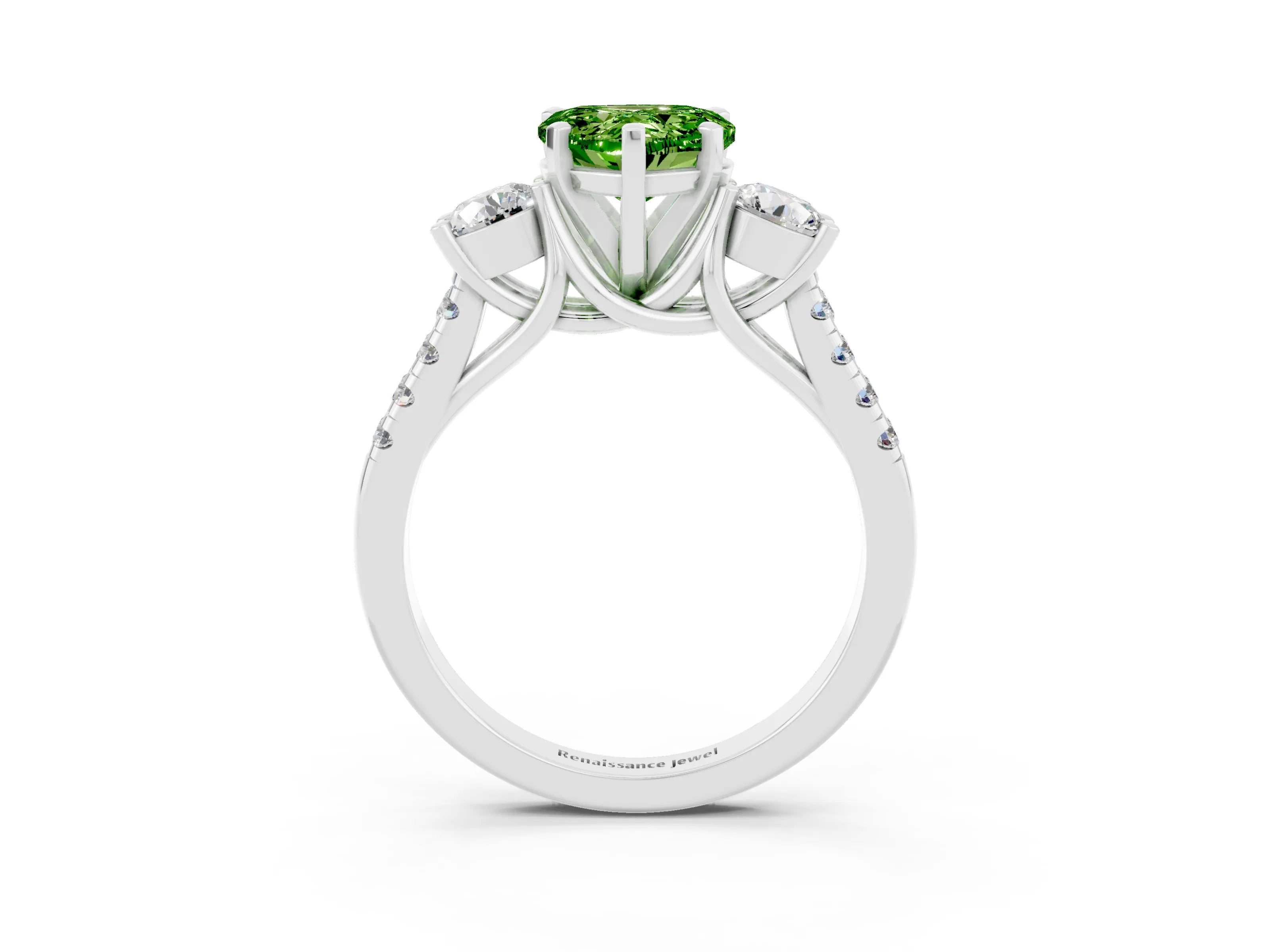White gold Three-Stone Heart Cut Peridot Pavé Band with Four-Prong Setting_3