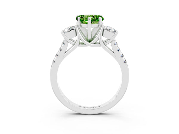 Silver Three-Stone Heart Cut Peridot Pavé Band with Four-Prong Setting