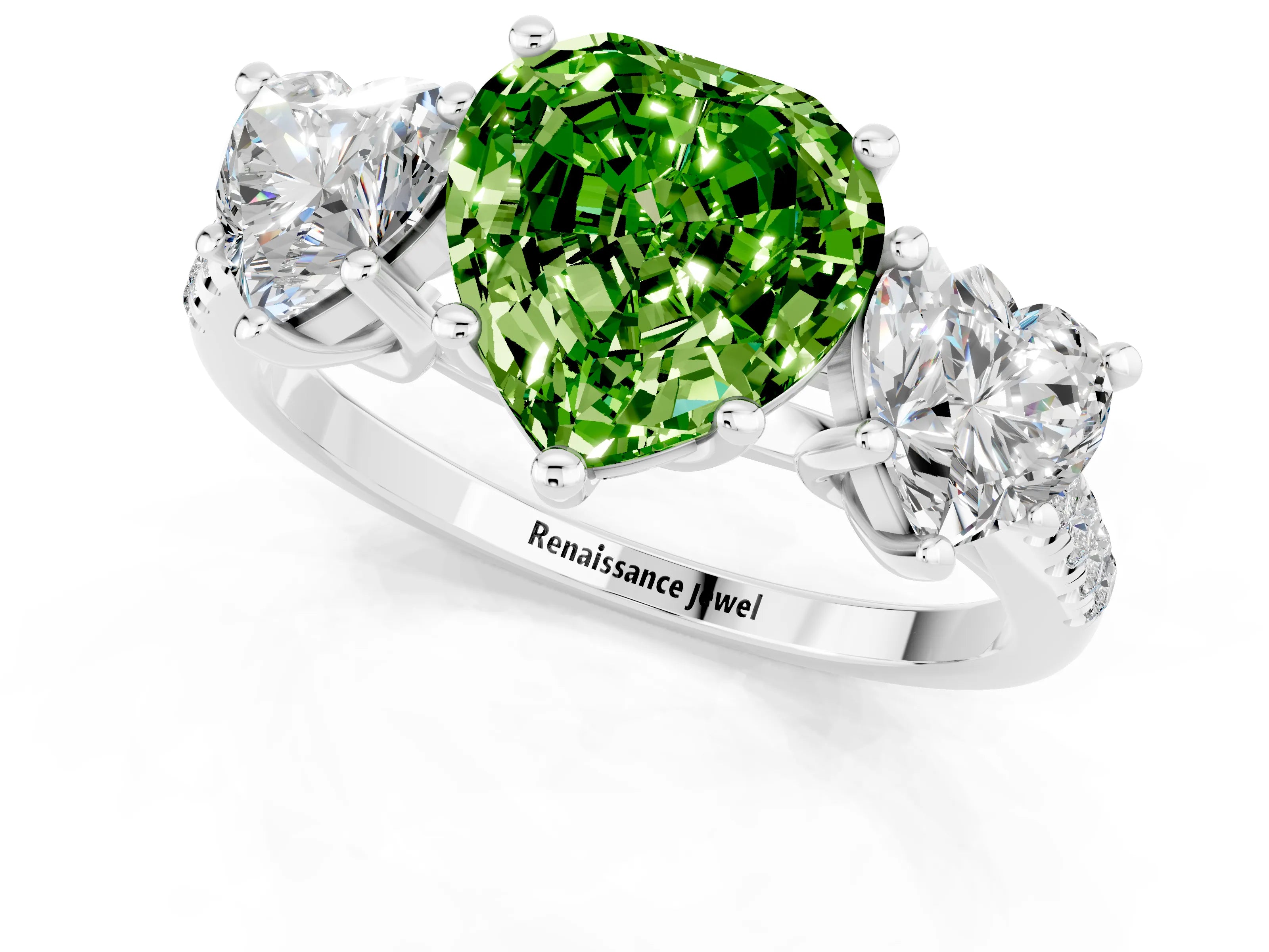 White gold Three-Stone Heart Cut Peridot Ring with Pavé Band and Prong Setting_13