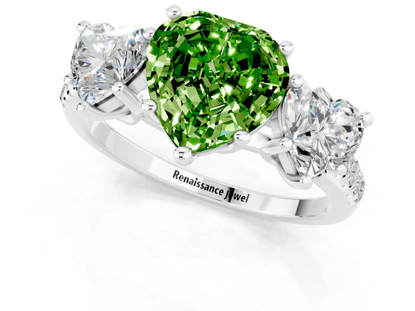 White gold Three-Stone Heart Cut Peridot Ring with Round  Pavé Band and Prong Setting