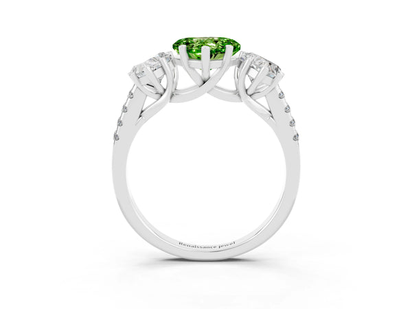 Silver Three-Stone Heart Cut Peridot Ring with Round  Pavé Band and Prong Setting
