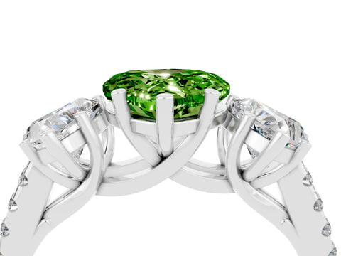 White gold Three-Stone Heart Cut Peridot Ring with Pavé Band and Prong Setting_16