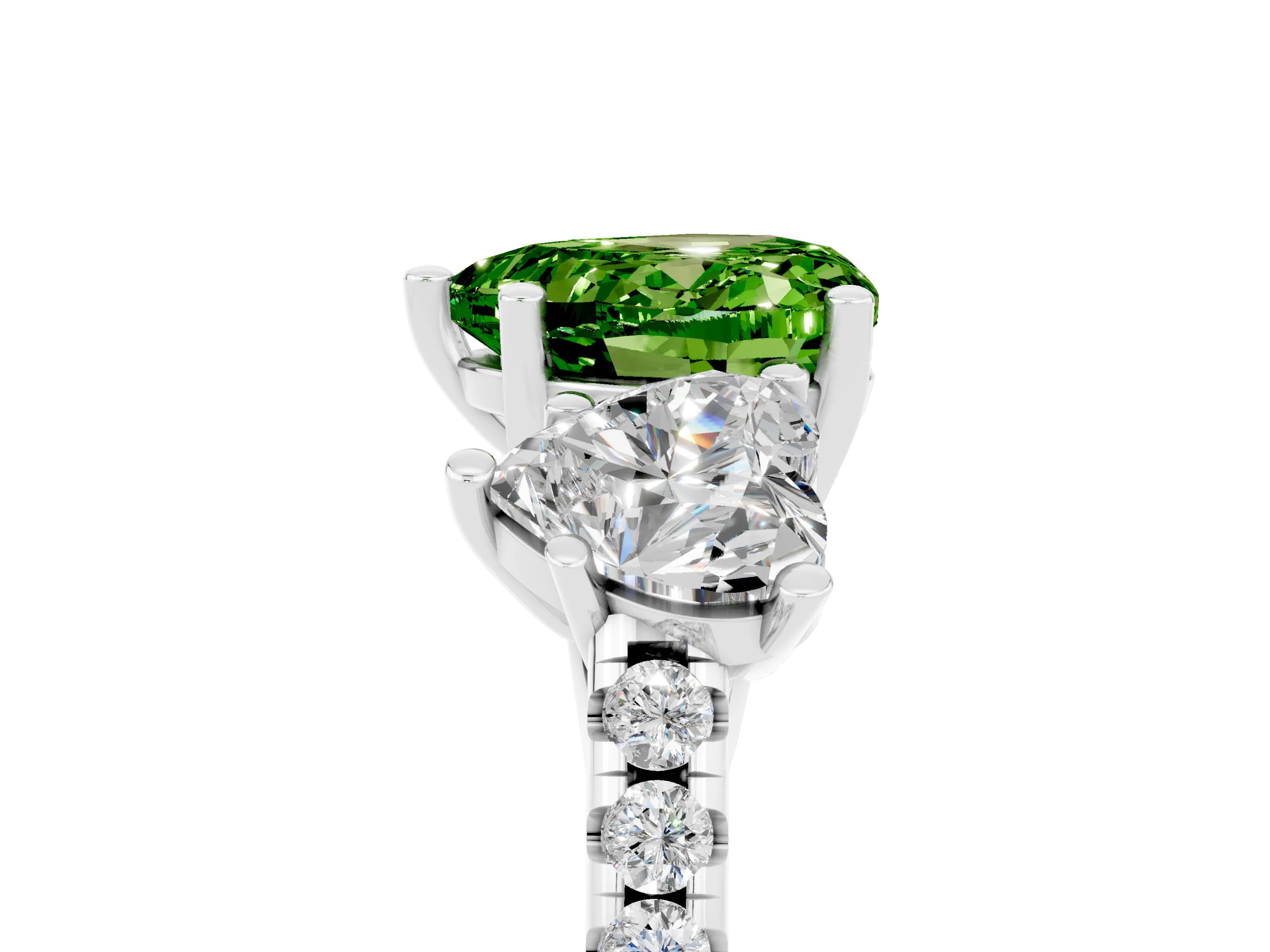White gold Three-Stone Heart Cut Peridot Ring with Pavé Band and Prong Setting_17