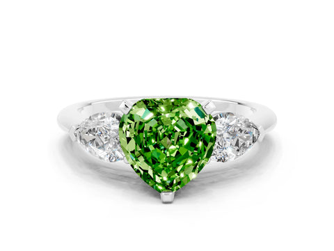 White gold Three-Stone Heart Cut Peridot Ring with Pear Side Stones and Four-Prong Setting
