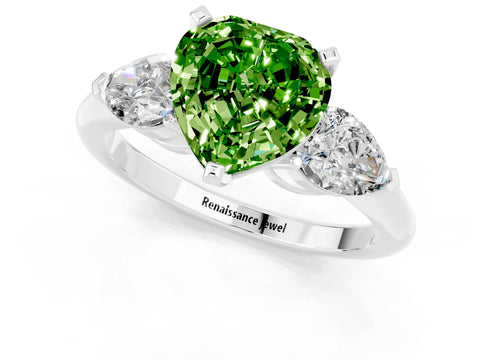 White gold Three-Stone Heart Cut Peridot Ring with Pear Side Stones and Four-Prong Setting_1