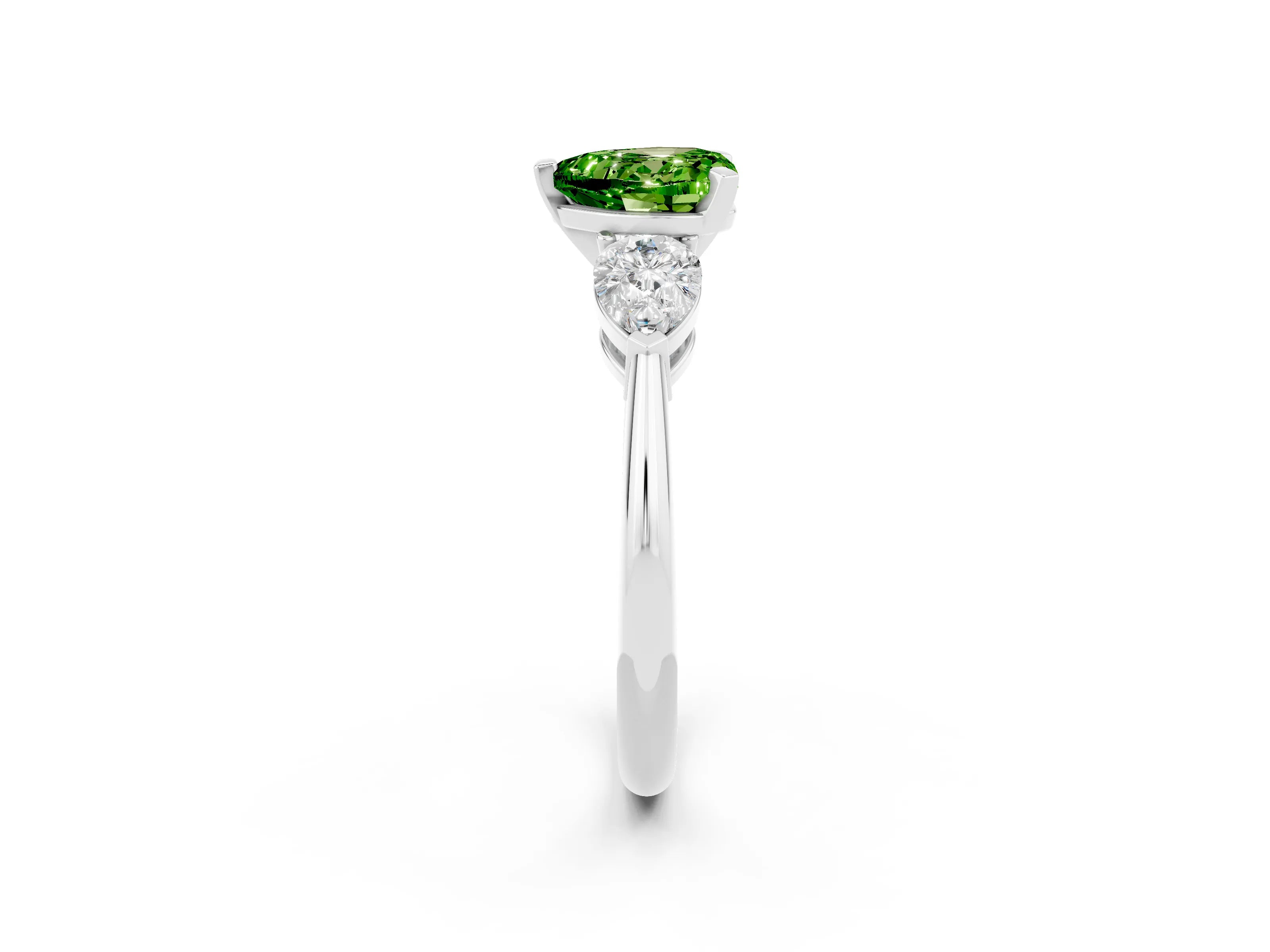 White gold Three-Stone Heart Cut Peridot Ring with Pear Side Stones and Four-Prong Setting_2