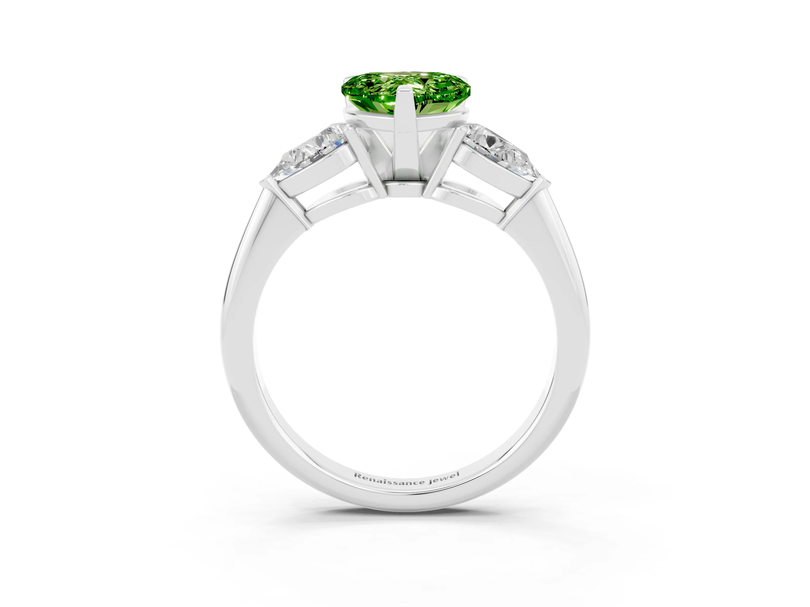 White gold Three-Stone Heart Cut Peridot Ring with Pear Side Stones and Four-Prong Setting_3