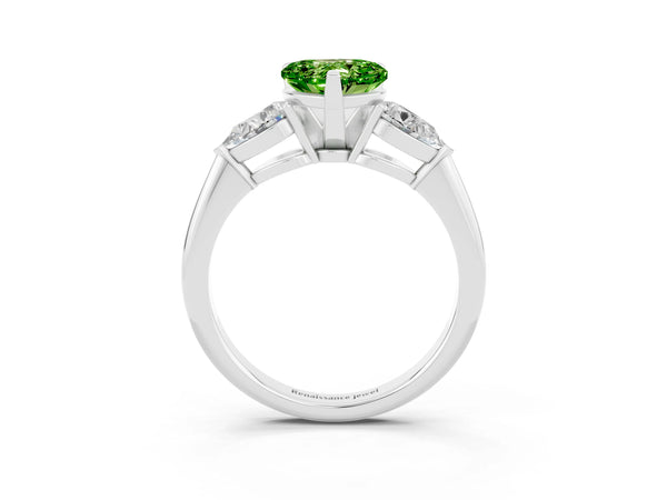 Platinum Three-Stone Heart Cut Peridot Ring with Pear Side Stones and Four-Prong Setting
