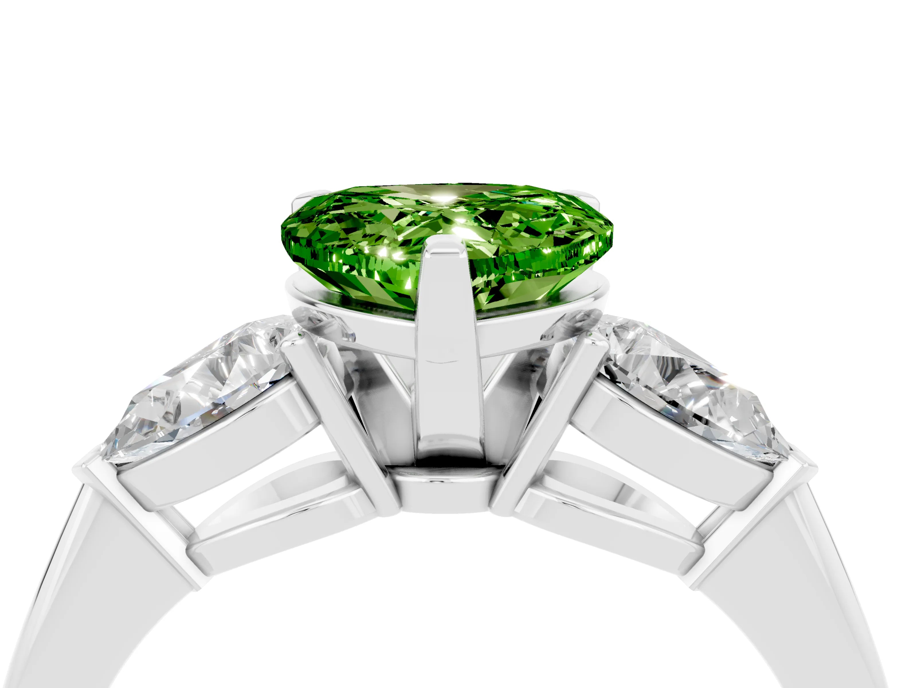 White gold Three-Stone Heart Cut Peridot Ring with Pear Side Stones and Four-Prong Setting_4