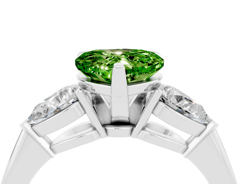 White gold Three-Stone Heart Cut Peridot Ring with Pear Side Stones and Four-Prong Setting_4