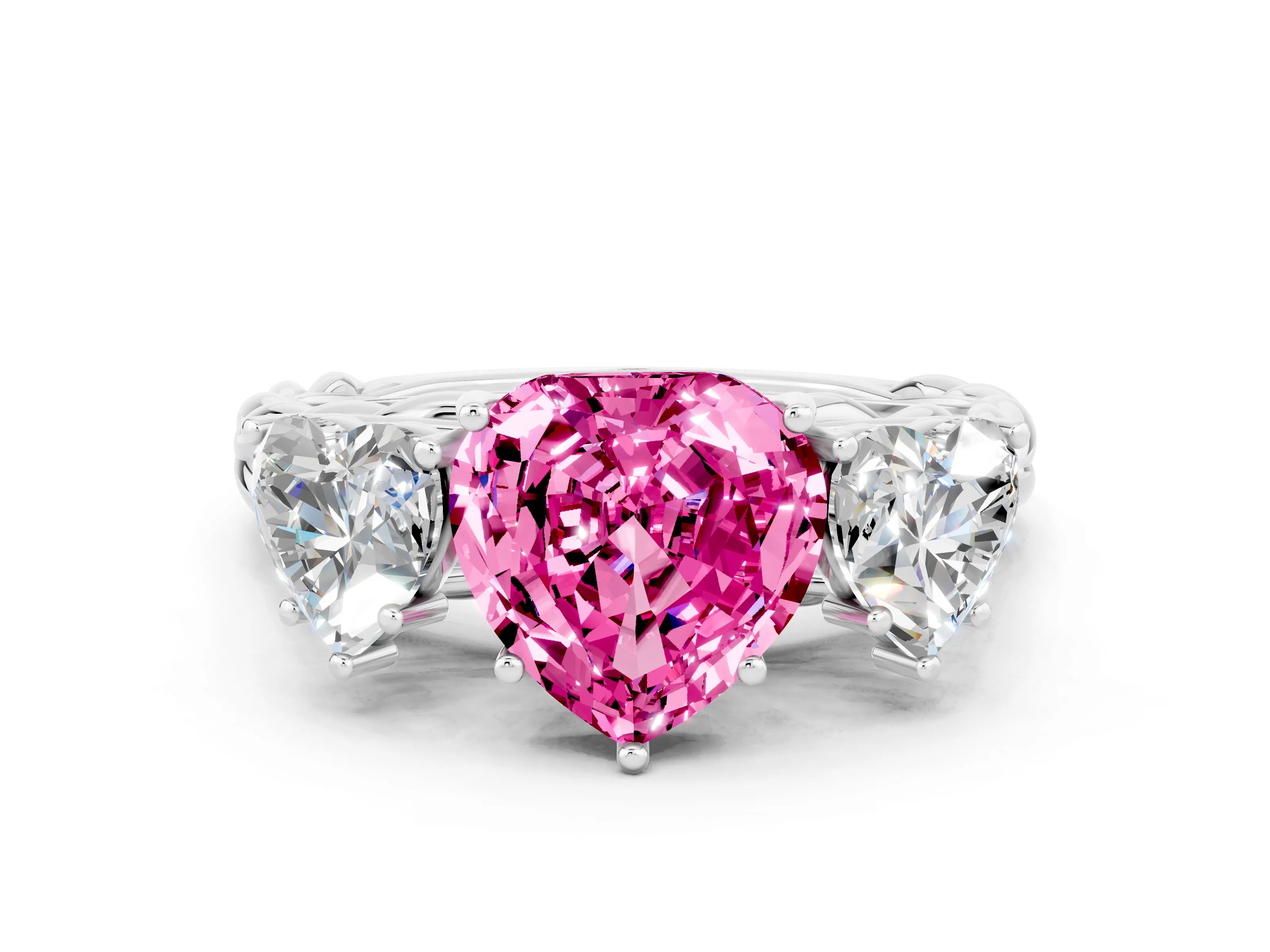 White gold Three-Stone Heart Cut Pink Sapphire Braided Band Ring with Four-Prong Setting_36