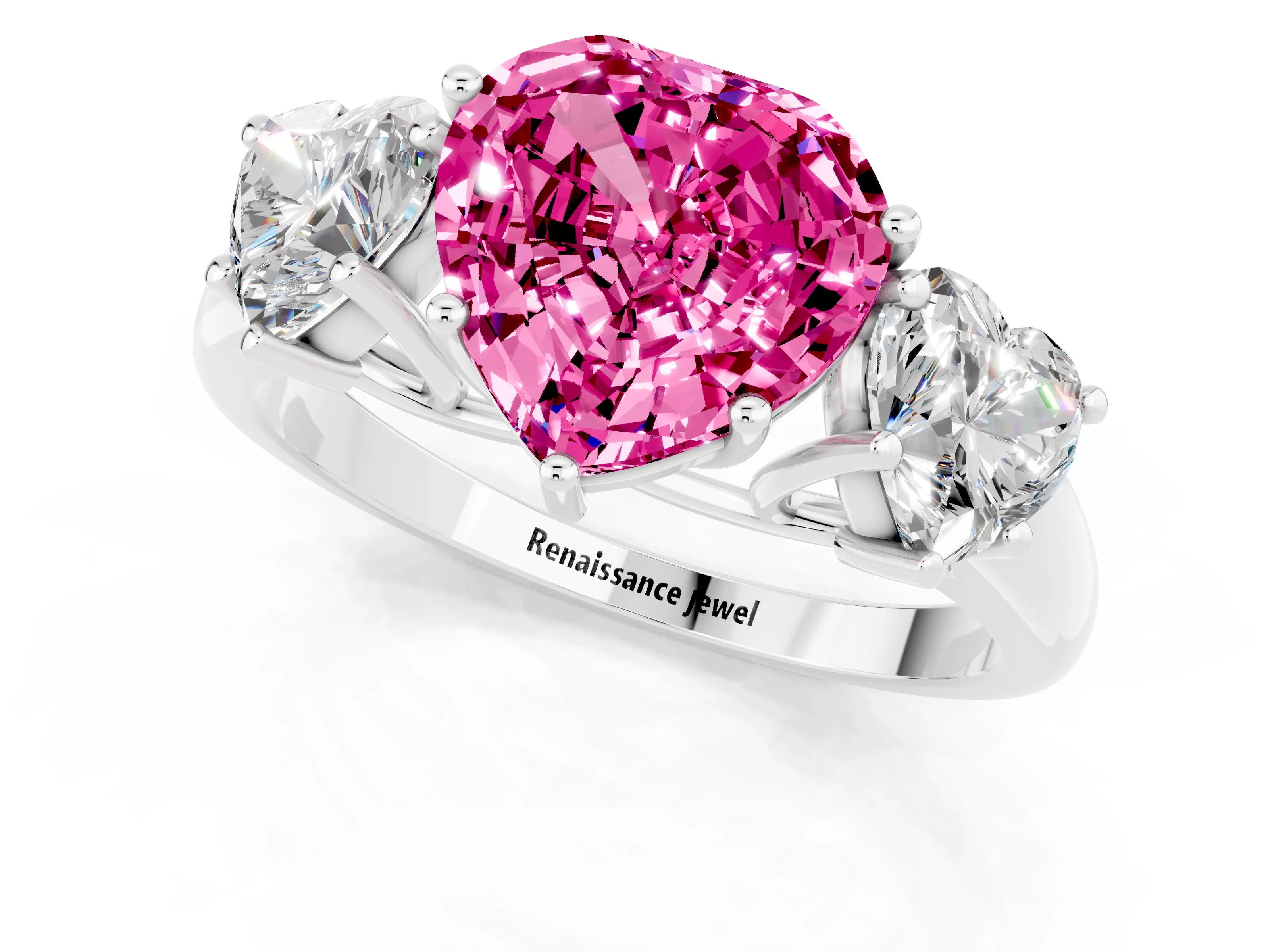 White gold Three-Stone Heart Cut Pink Sapphire Engagement Ring with Prong Setting_1