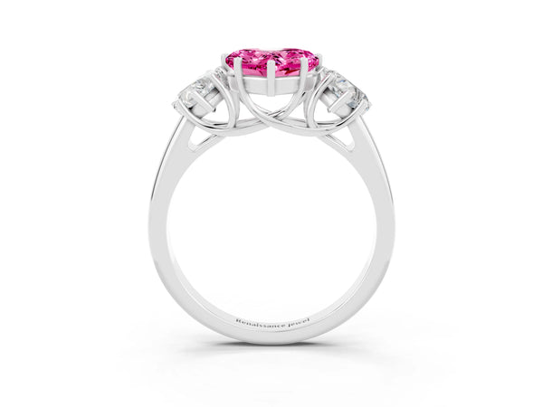 Platinum Three-Stone Heart Cut Pink Sapphire Engagement Ring with Prong Setting