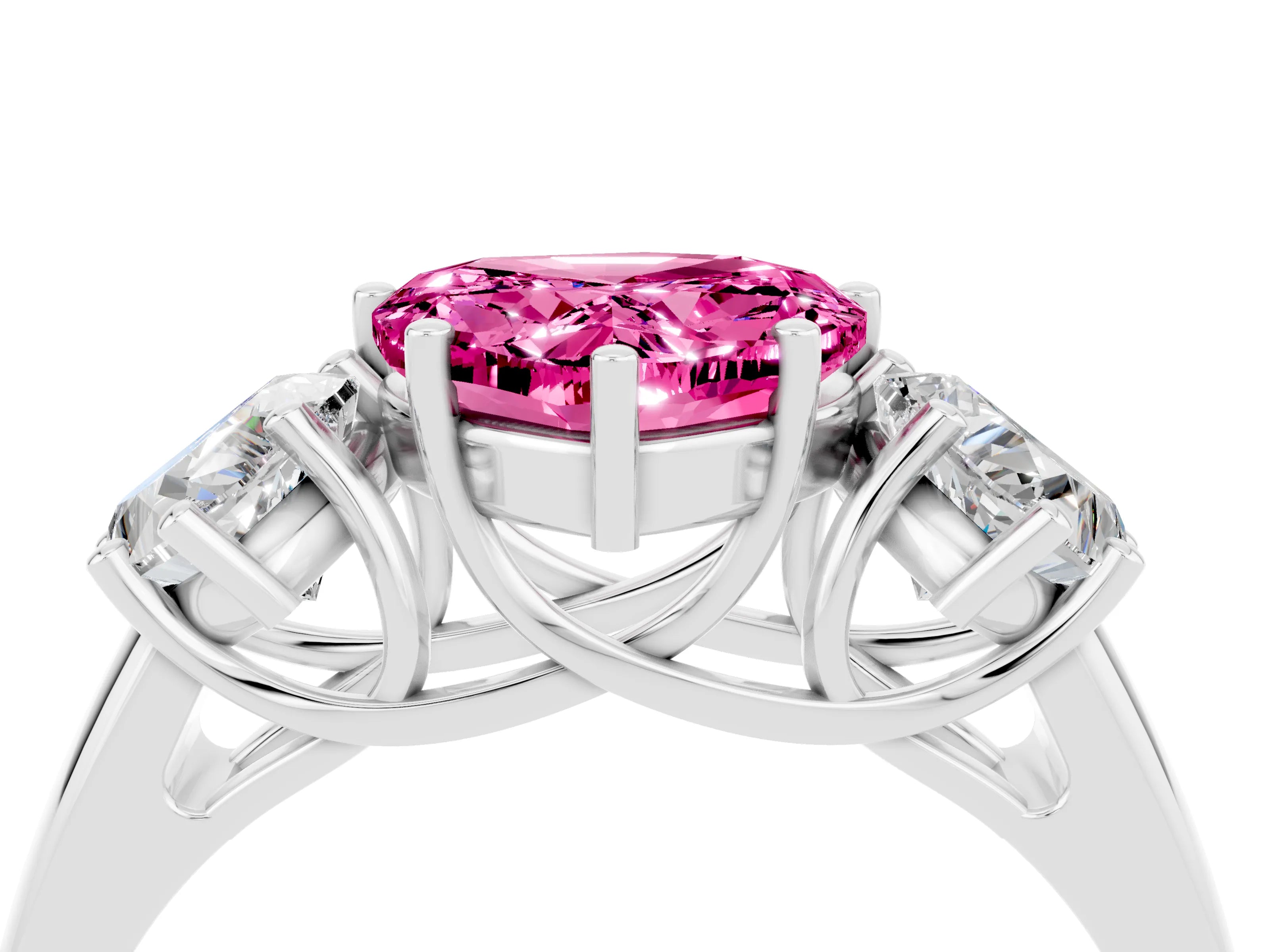 White gold Three-Stone Heart Cut Pink Sapphire Engagement Ring with Prong Setting_4