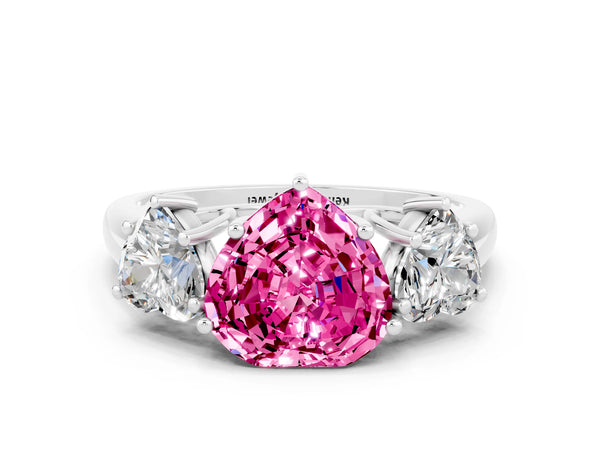 White gold Three-Stone Heart Cut Pink Sapphire Engagement Ring with Prong Setting