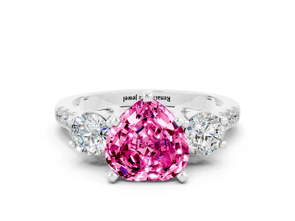 Platinum Three-Stone Heart Cut Pink Sapphire Pavé Band with Four-Prong Setting